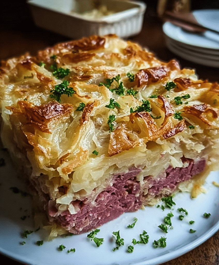 Classic Reuben Bake with Corned Beef, Sauerkraut & Swiss