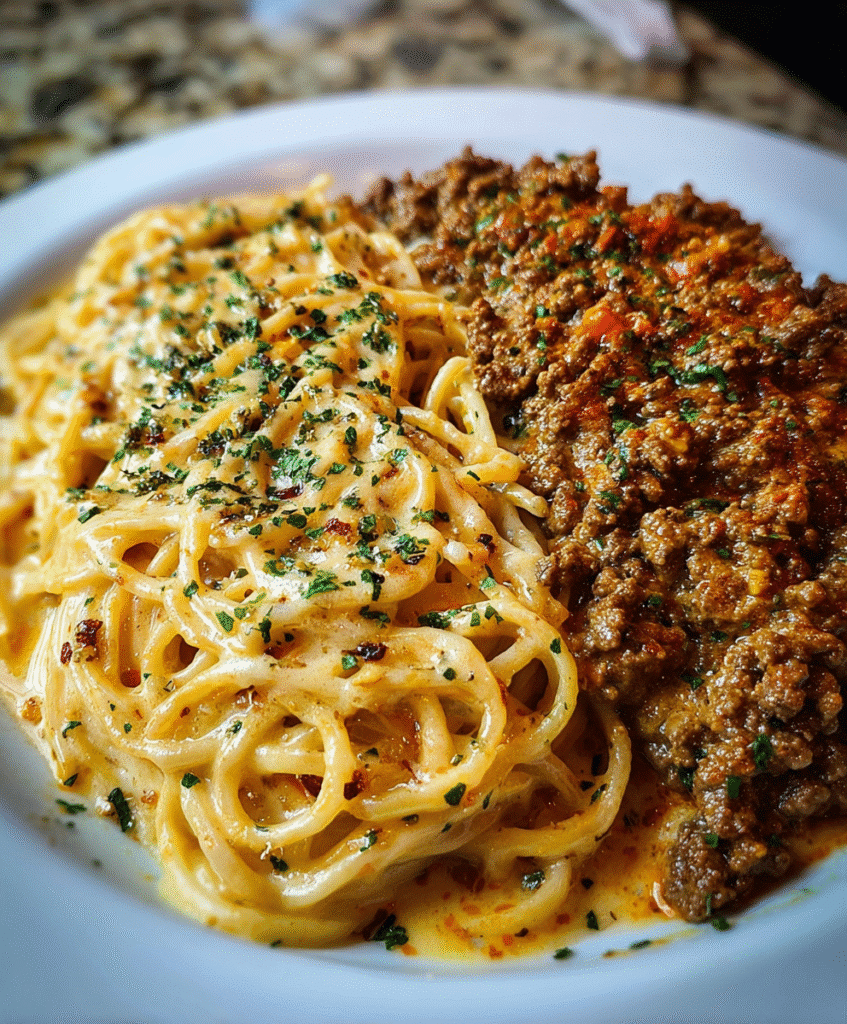 Cajun Ground Beef Linguine with Velveeta Garlic Alfredo