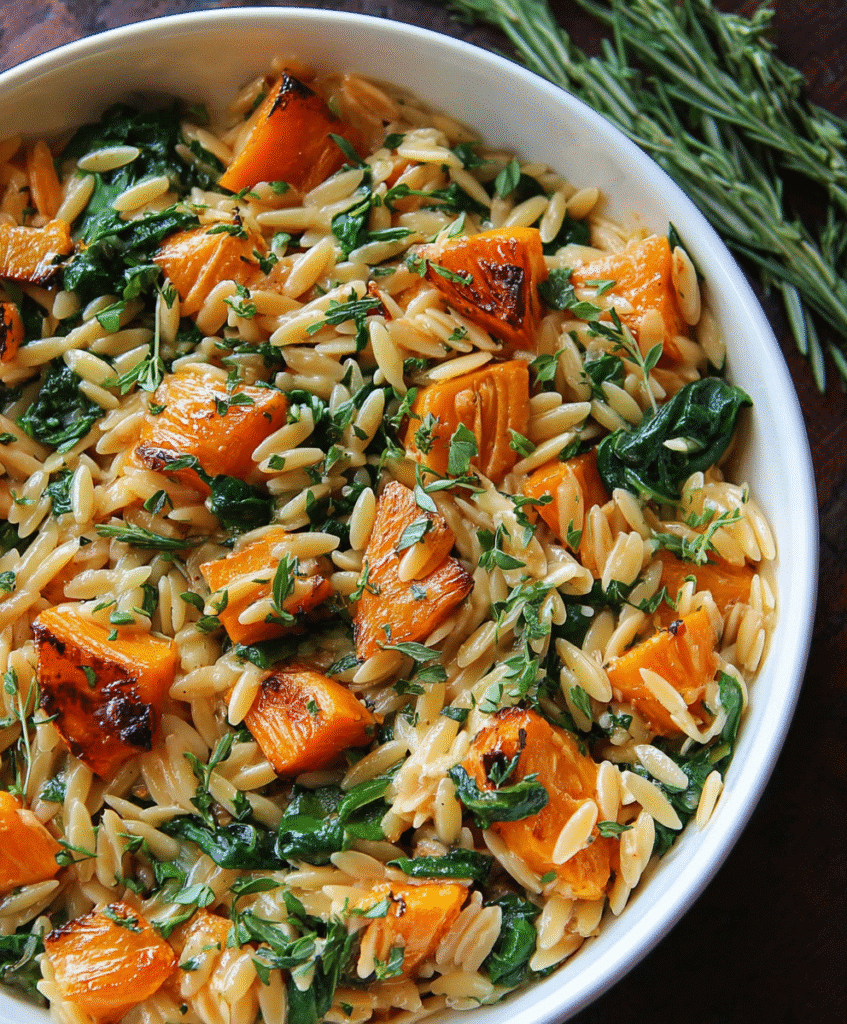 Creamy Orzo Pasta with Roasted Butternut Squash and Spinach