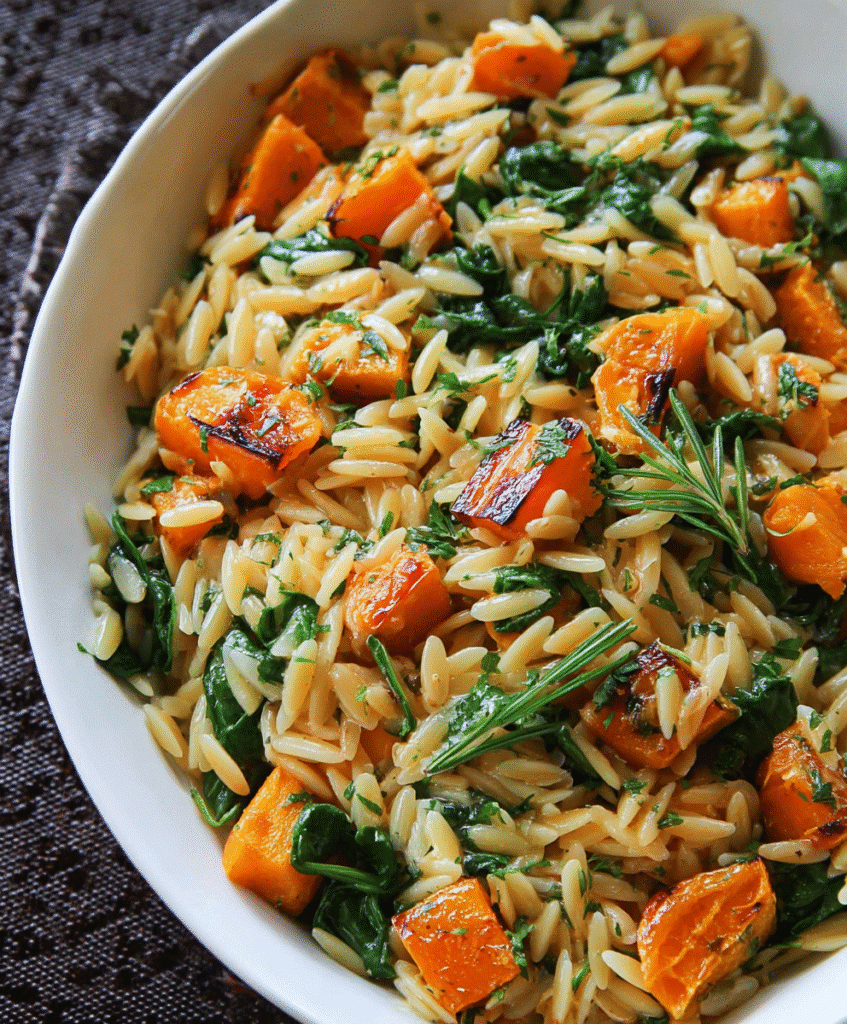 Creamy Orzo Pasta with Roasted Butternut Squash and Spinach