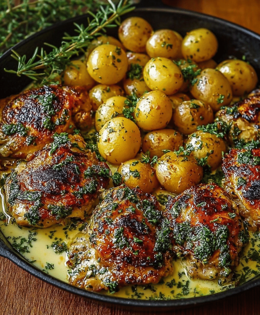 One-Pan Cowboy Garlic Chicken & Potatoes with Buttery Herb Sauce